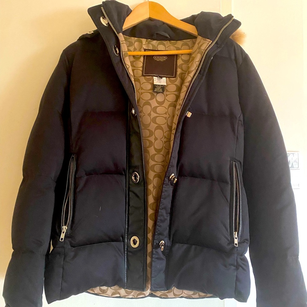 Coach down coat with fur trim hood BLACK